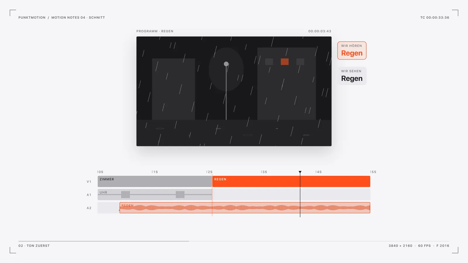The J-cut: rain on the audio track before its picture.