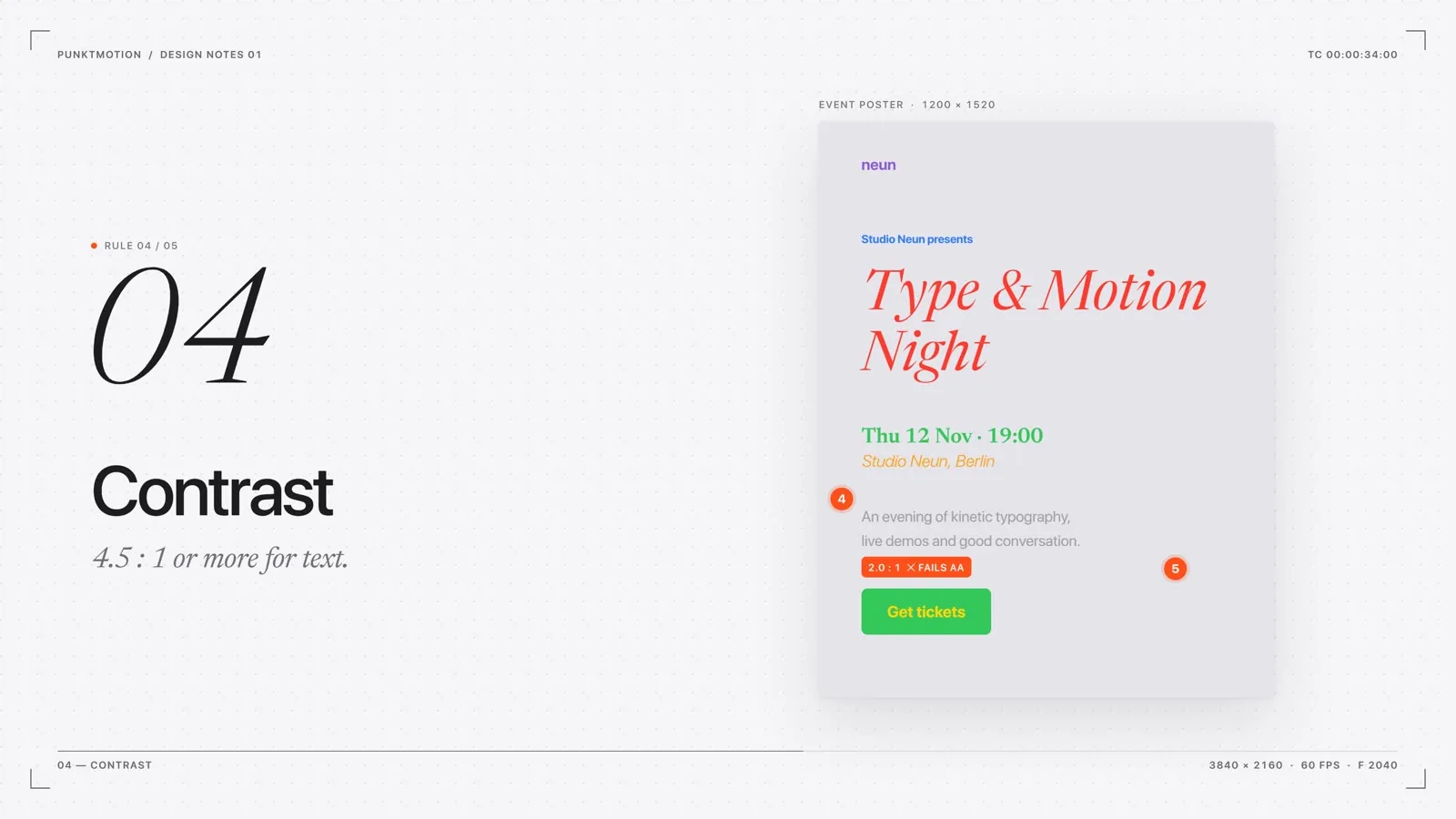 Rule four: contrast, with a live ratio badge.