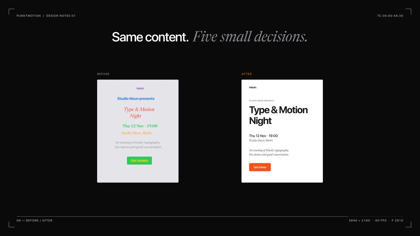 Before and after: same content, five small decisions.