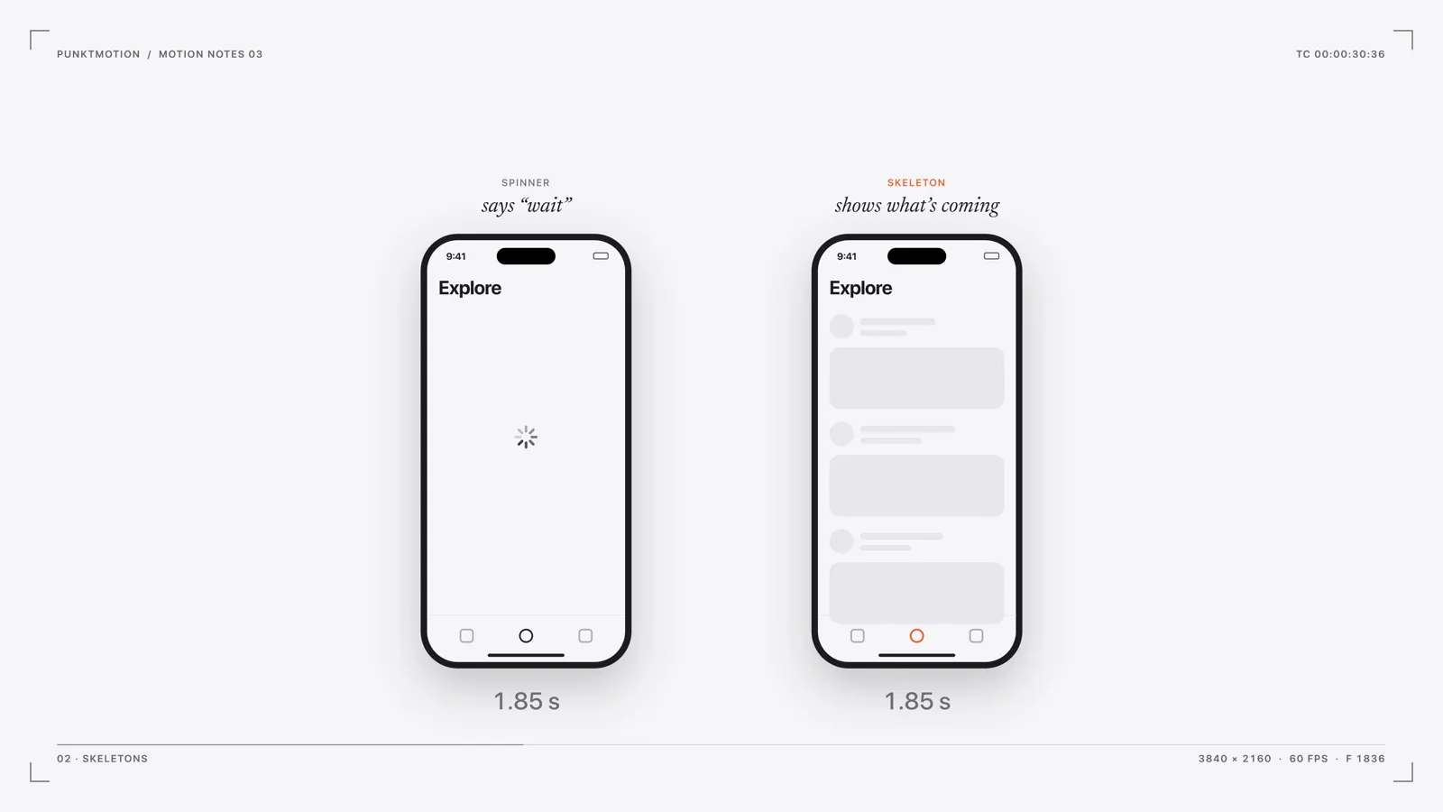 The same feed loading on two phones: skeleton versus spinner.