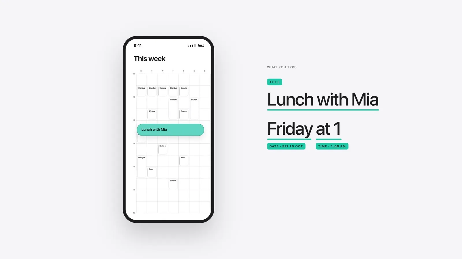A typed plan becomes "Lunch with Mia, Friday at 1".