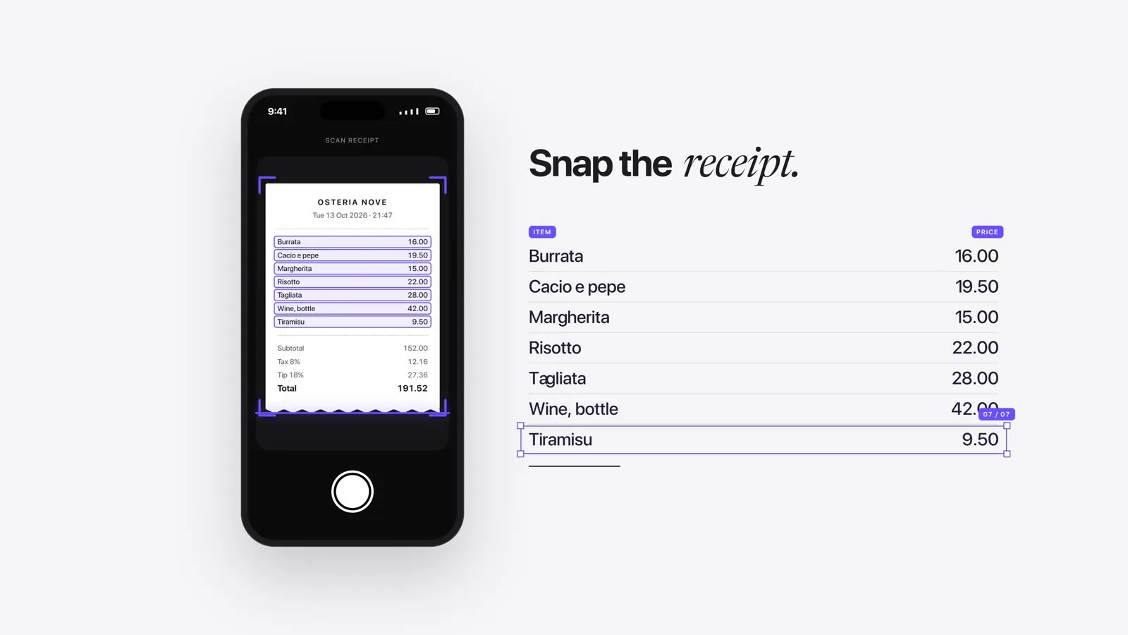 The receipt is scanned on a phone while every item appears large beside it.